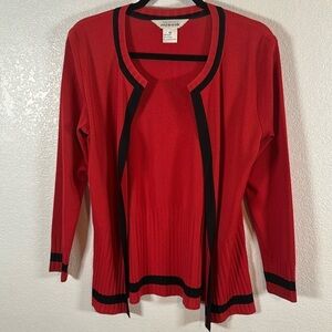 Misook Red Black Stripe Ribbed Open Front Cardigan Blazer Size XS